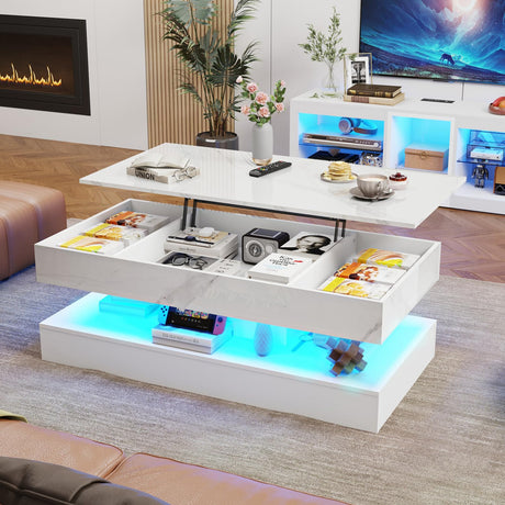 chartustriable 47.2" Large Lift Top Coffee Table with Charging Station, LED Modern High Glossy Center Table with Hidden Compartment Storage, White Lift Living Room Tables with Marbling Print, White chartustriable