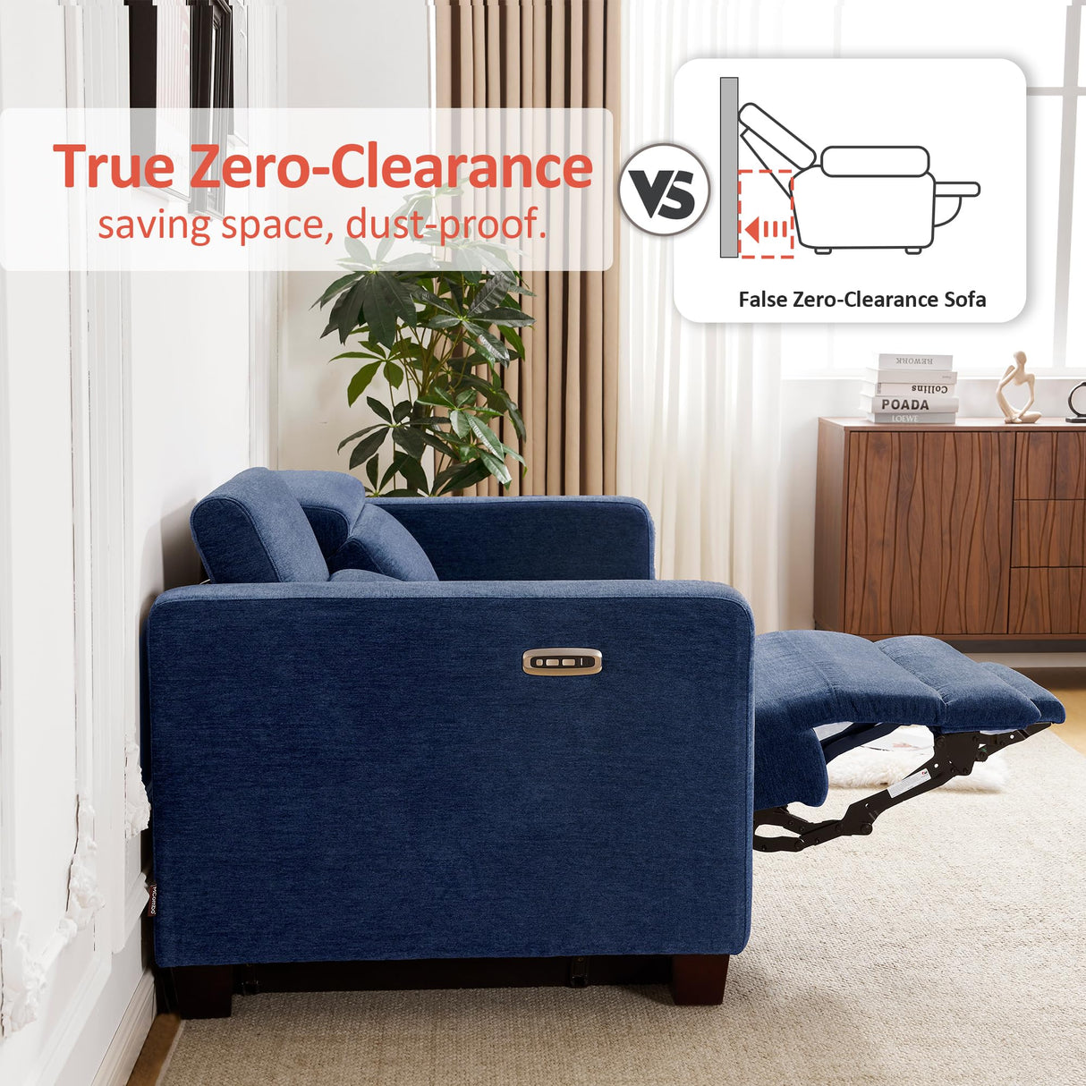 MCombo Zero Wall Recliner Sofa, Power Reclining Sofa, Wall Hugger Power Recliner Sofa with Adjustable Headrest, USB & Type C Ports, for Living Room, Fabric, HL198M3 (Navy Blue, 3-Seater) MCombo