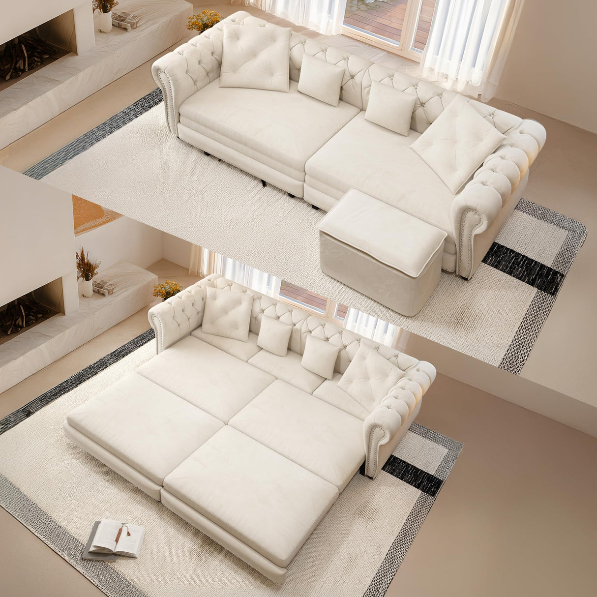 UQGVML Oversized Sleeper Sofa Couch, Convertible Sleeper Sofa Bed for Living Room, Bedroom, Classic 3-in-1 Pullout Couch Bed Chesterfield Style (Beige, with Ottoman) UQGVML