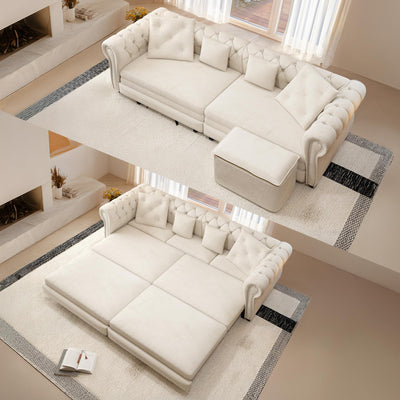 UQGVML Oversized Sleeper Sofa Couch, Convertible Sleeper Sofa Bed for Living Room, Bedroom, Classic 3-in-1 Pullout Couch Bed Chesterfield Style (Beige, with Ottoman)