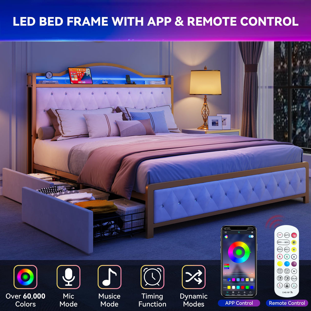 YITAHOME White Upholstered Queen Bed Frame with LED Lights, 4 Storage Drawers, and Charging Station YITAHOME