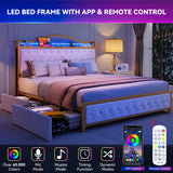 YITAHOME White Upholstered Queen Bed Frame with LED Lights, 4 Storage Drawers, and Charging Station YITAHOME