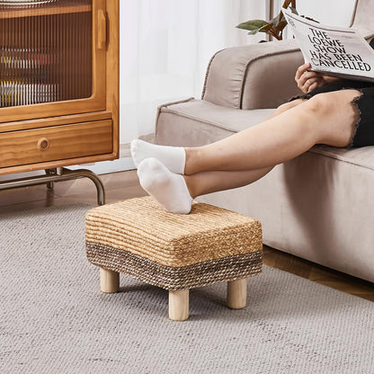 Cpintltr Foot Stool Ottoman Rectangular Footrest Pouf Ottomans Natural Seagrass Footstool with Wooden Legs Hand Weave Step Stool for Living Room Bedroom Entryway Natural White - WoodArtSupply