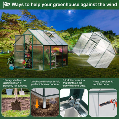 WACASA 8x6 FT Polycarbonate Greenhouse Kit for Outdoors ,Heavy Duty Aluminum Walk-in Greenhouse with Swing Door,Rain Gutter and Ventilation Window,Green House for Sunroom,Garden,Backyard - WoodArtSupply