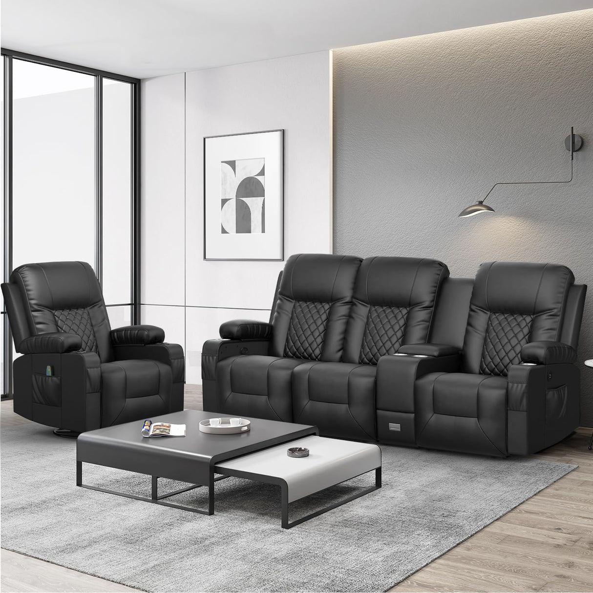 YONISEE Modern Recliner Sofa Set - 3 Seat Sofa & 1PC Swivel Recliner Chairs with Heat & Massage for Living Room (3+1) YONISEE