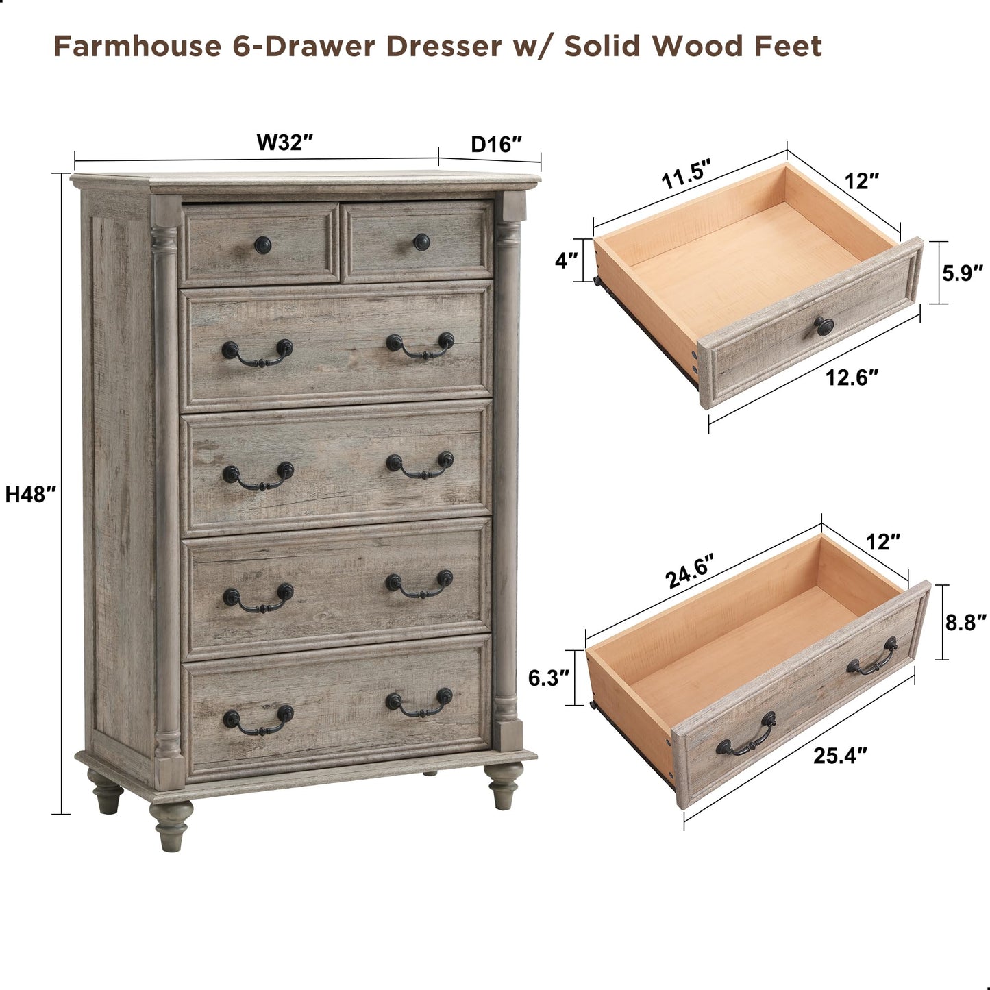 T4TREAM Farmhouse 6 Drawers Dresser Chests for Bedroom w/4 Solid Wood Feet & Column Decor, Tall Wood Country Rustic Chest of Drawers, Storage