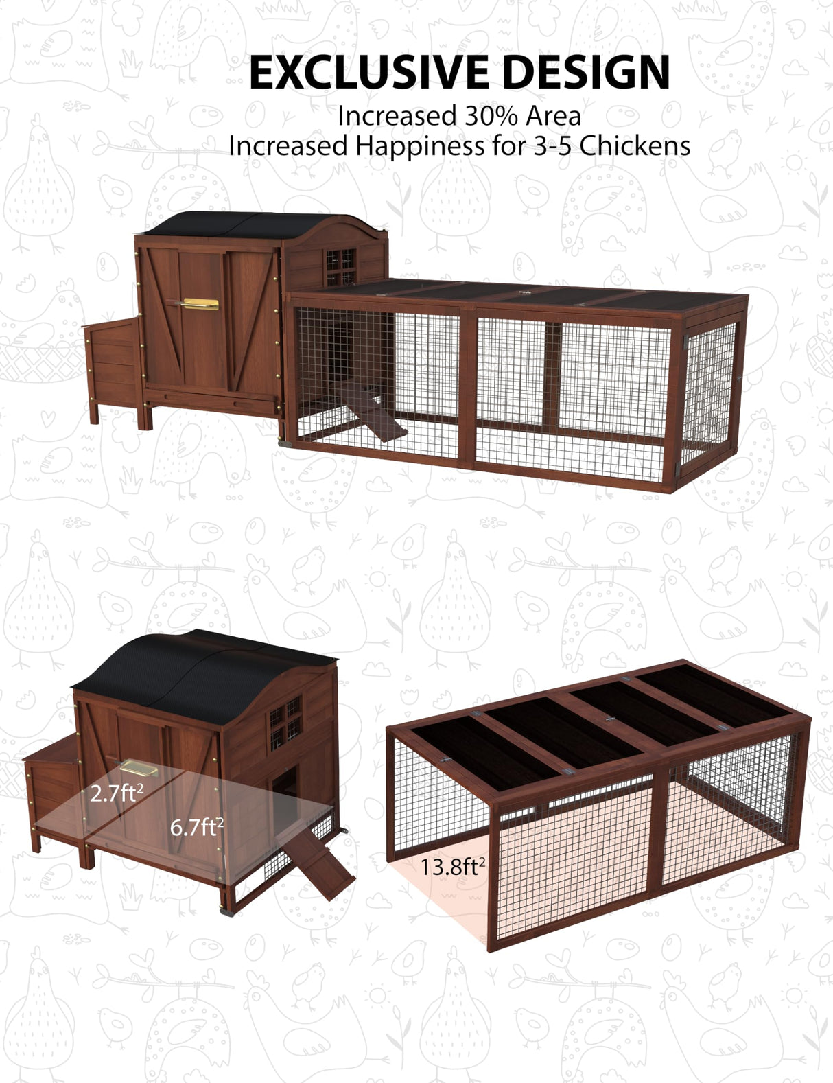 Hipicute Wooden Chicken Coop, Chicken Coop for 3-5 Chickens, 106in Chicken Coop with Run, Outdoor Chicken Coop with Waterproof Roof, Nesting Box, Pull Out Trays and Ramp, Red Hipicute