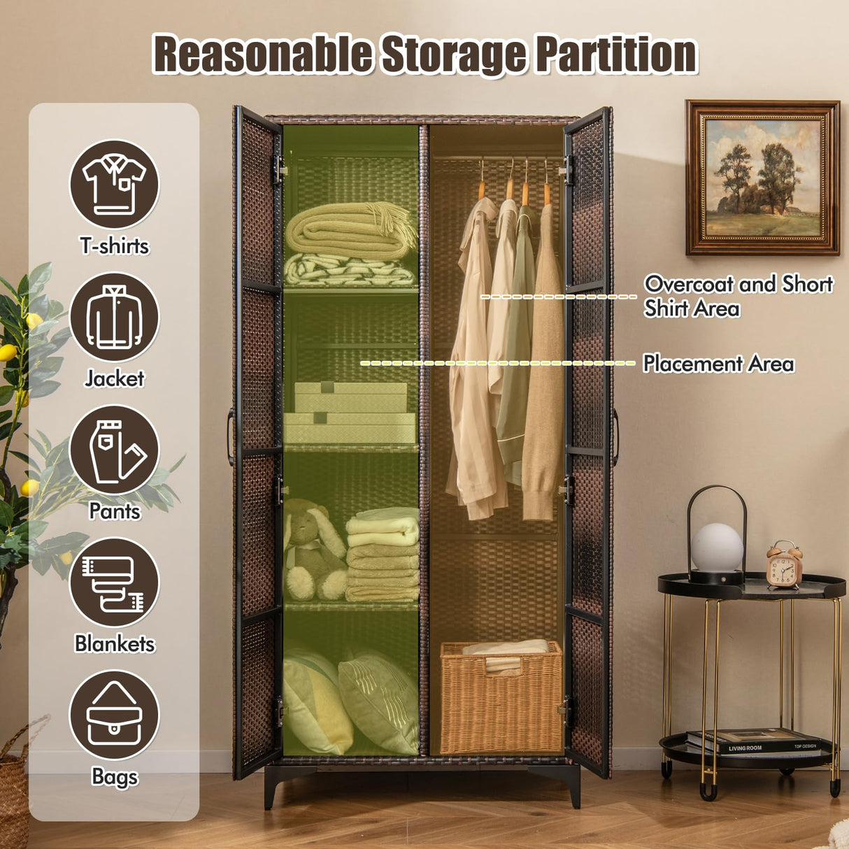 Giantex Wicker Storage Cabinet, 62” Tall Pantry Cabinet with 2 Doors, Hanging Rod, 4 Storage Cubes, Metal Legs, Anti-Tipping Device, PE Rattan Storage Cabinet for Home Office, Garage Cabinets (Brown) Giantex