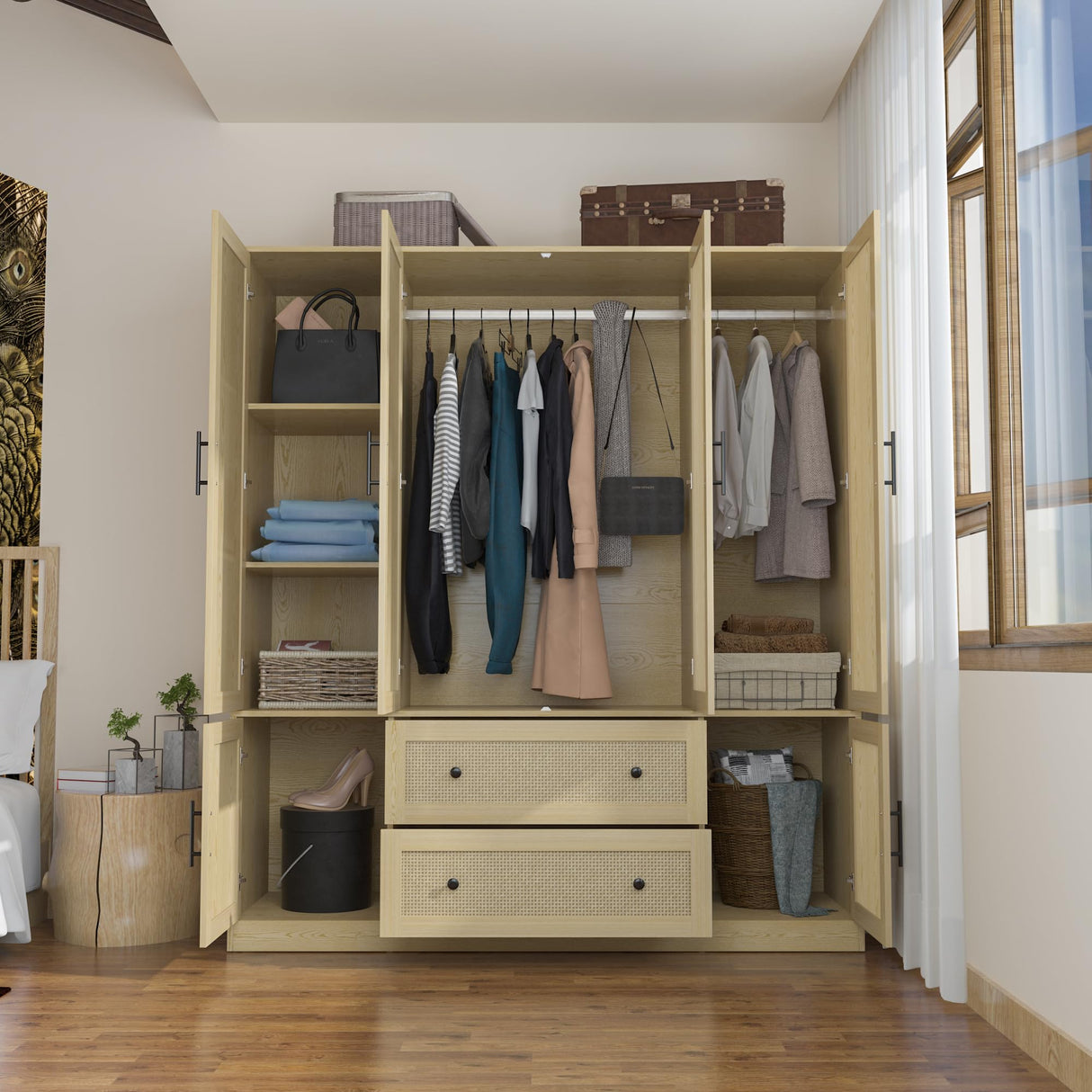 Homsee 6 Door Wardrobe Armoire Closet, Large Bedroom Cabinet Armoire with Rattan Doors, 2 Drawers, Hanging Bars & Shelves, Light Brown Homsee