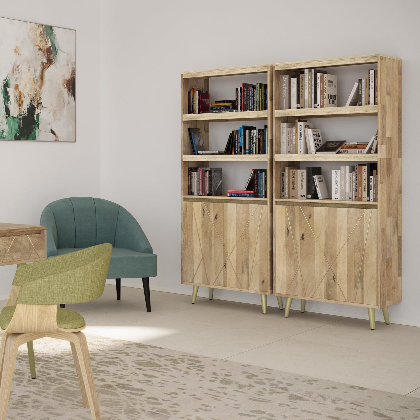 Contemporary Solid Mango Wood 30 Inch Bookshelf with Doors in Natural Finish - WoodArtSupply