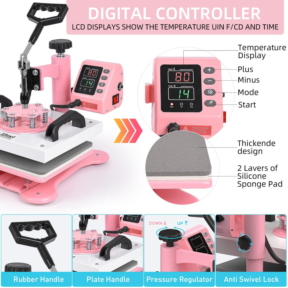 Lya Vinyl 12" x 10" Heat Press Machine, High Pressure Heat Press Machine for T-Shirt, Digital Industrial Sublimation Printer for Heat Transfer Vinyl (Pink) Lya Vinyl