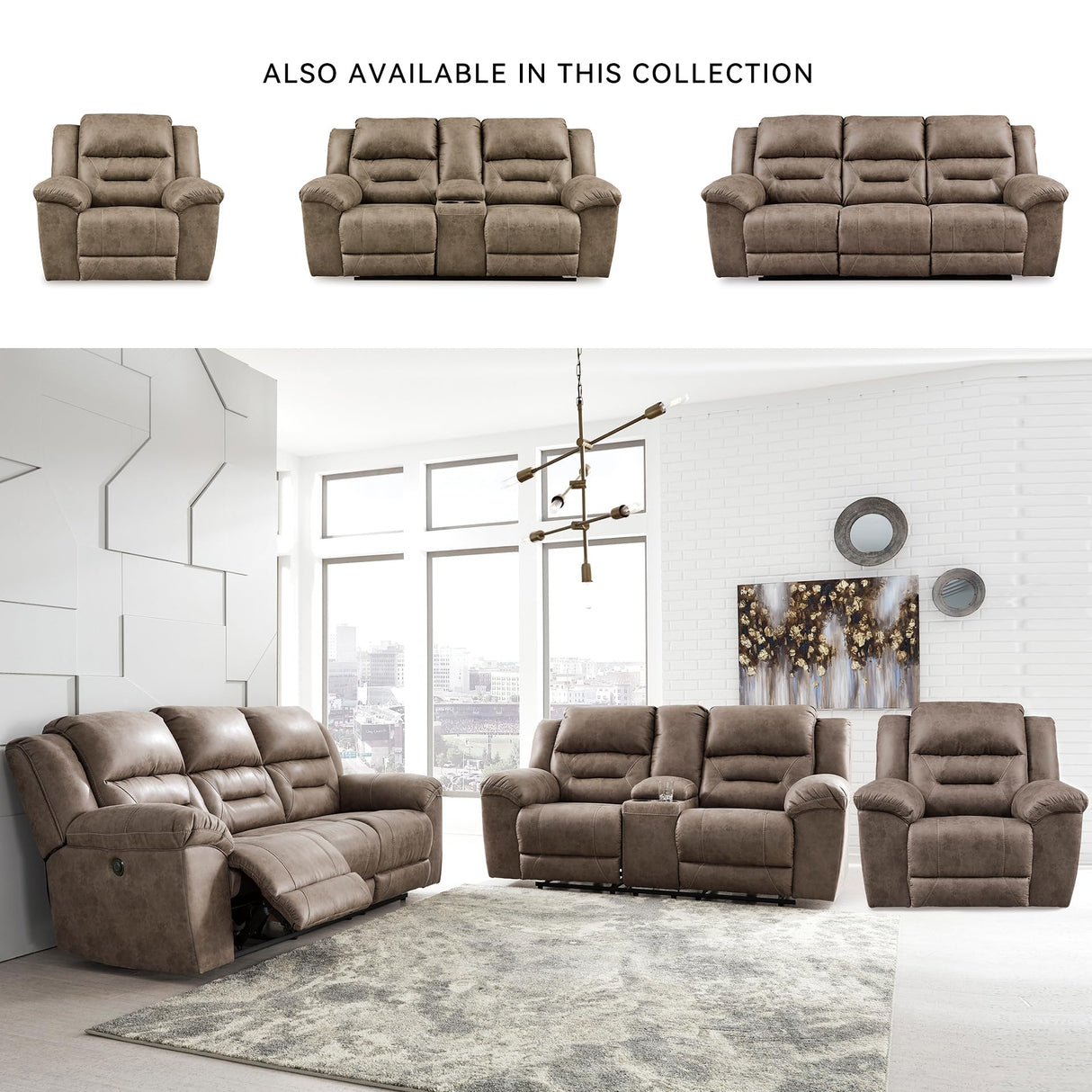 Signature Design by Ashley Stoneland Faux Leather Manual Double Reclining Loveseat with Center Console, Light Brown Signature Design by Ashley