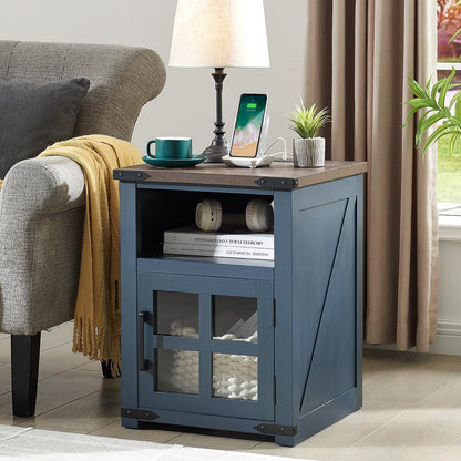 Barnyatoh Farmhouse Nightstand with Charging Station, Rustic End Table with Tempered Glass Barn Door, Wood Sofa Side Bedside Table with Open Storage Shelf for Living Room, Bedroom, Blue