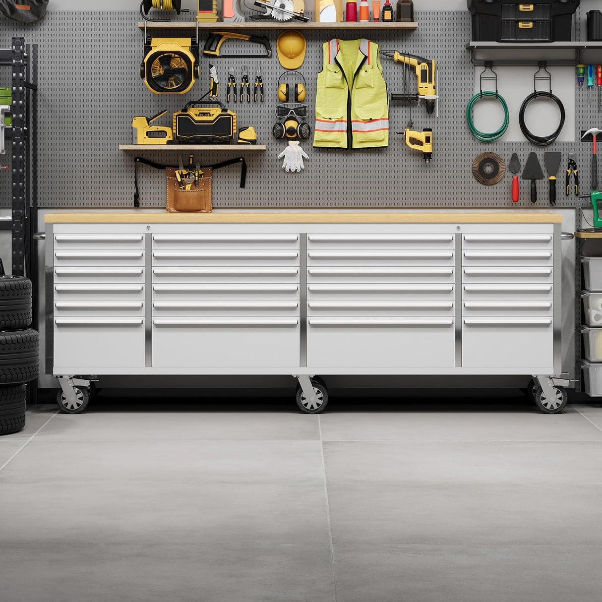 Rolling Tool Chest with Power Strip & Rubber Wood Top - 96 Inch Garage Workbench, Drawer Storage Cabinet Tool Box, Mobile Workstation SLEKVERSA