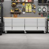 Rolling Tool Chest with Power Strip & Rubber Wood Top - 96 Inch Garage Workbench, Drawer Storage Cabinet Tool Box, Mobile Workstation SLEKVERSA