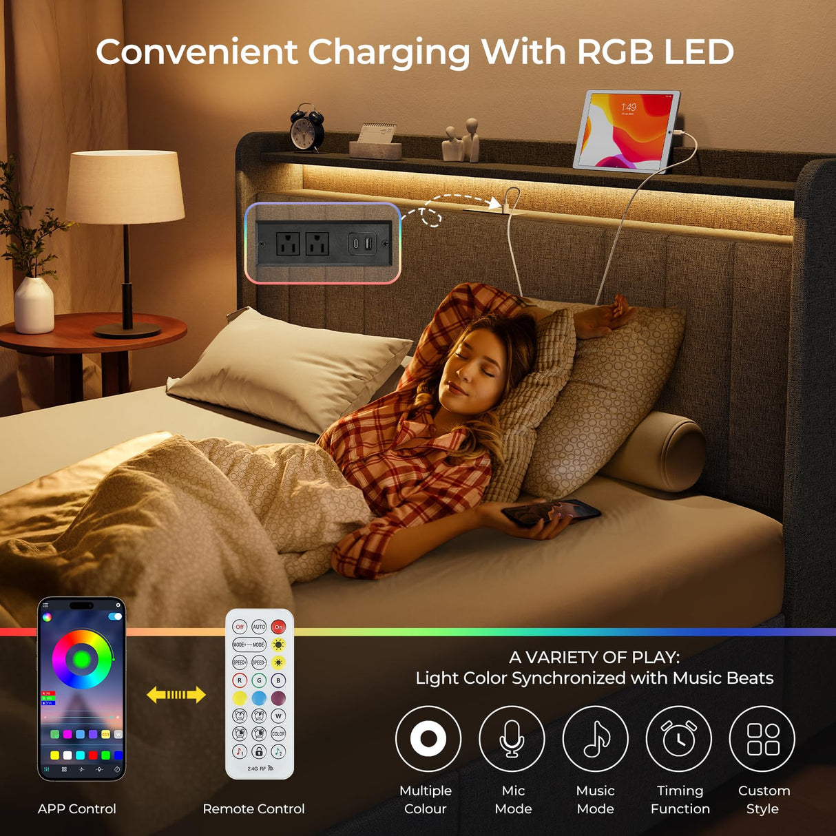 koorlian Queen Size Upholstered Bed Frame with 4 Storage Drawers and 51'' Tall Headboard Wingback Platform Bed Frames with RGB LED & USB Charging, 3 Adjustable Height, Noise-Free/Metal Support, Grey koorlian