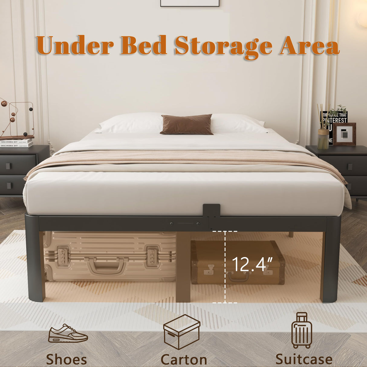 KOSOSO 14 Inch King Size Bed Frame, Black King Bed Frame with Metal Anti-Slip Baffles, No Box Spring Needed, Heavy Duty Steel Platform Support, Round Corner Design, Noiseless, Storage Space KOSOSO