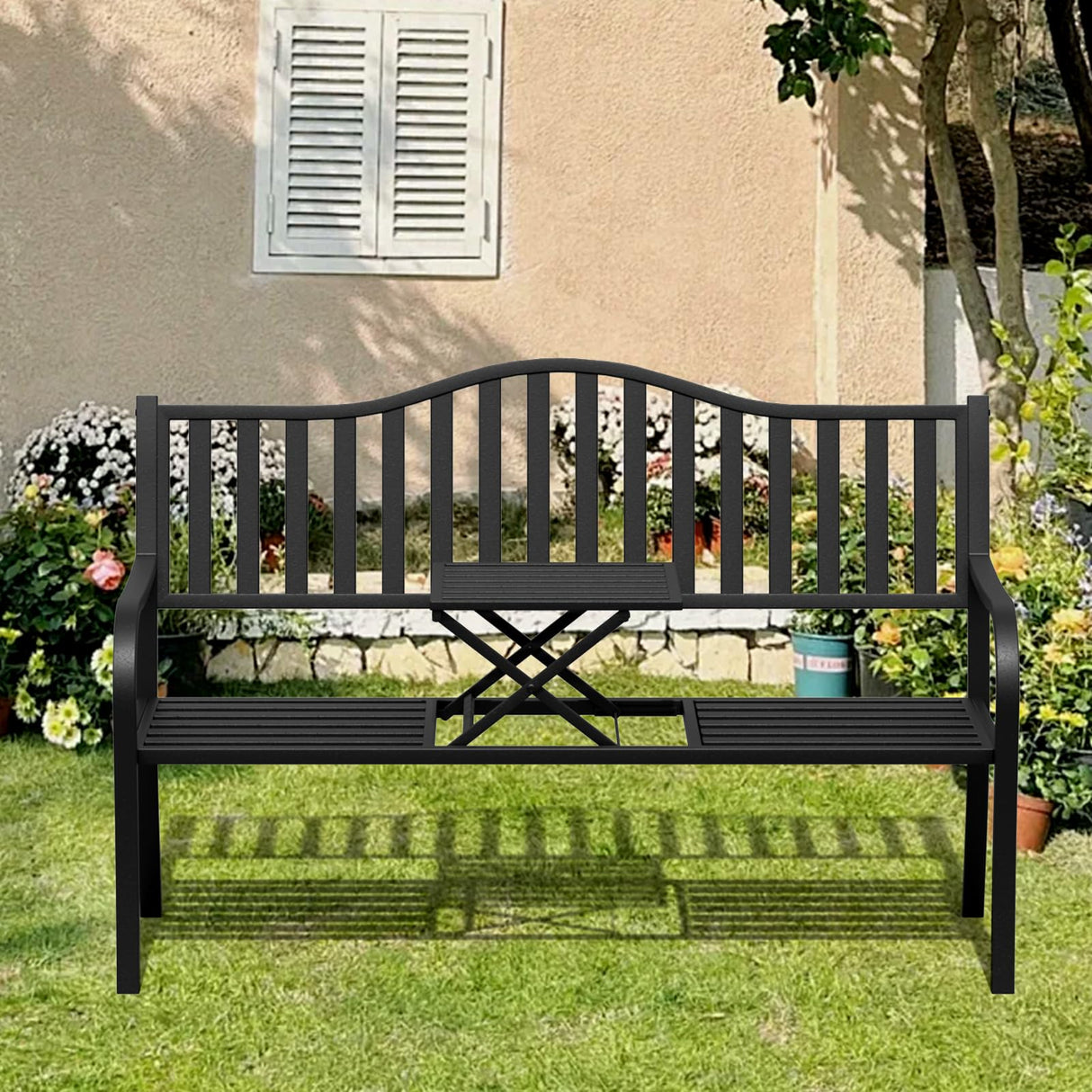 SHGJ&SOFT Outdoor Bench, Garden Bench, Cast Iron Metal Frame Patio Park Bench with a Small Table, for Porch, Lawn, Garden, Yard (D2644BK-1) SHGJ&SOFT