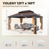 YOLENY 12' x 16' Gazebo Hardtop with Aluminum Frame,Galvanized Steel Double Roof Gazebos with Curtain and Netting,Outdoor Metal Pergolas for Garden, Lawn, Deck, Brown YOLENY