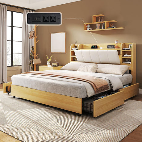 LUXOAK Queen Size Padded Upholstered Bed Frame with Headboard, Platform Bed Frame with 4 Storage Drawers & Private Storage, Bookcase Bed Frame with Charging Station, No Box Spring Needed, Maple LUXOAK