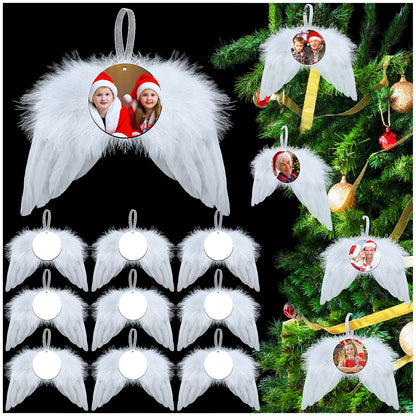 20 Pcs Christmas Angel White Wings Ornament, Angel Feather Wings Feather Hanging Decor with Round Sublimation Blank Pendants for Christmas Tree Crafts Angel Mini Wings Xmas Decor