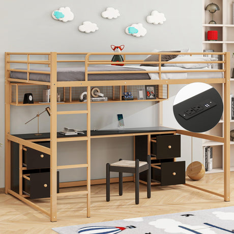 Full Size Loft Bed with Desk and Storage Drawers, Metal Loft Bed with Bookcase and Charging Station, Full Size Loft Bed Frame with Guardrail, Full Loft Bed for Kids, Gold Black Loft Bed Full Bellemave