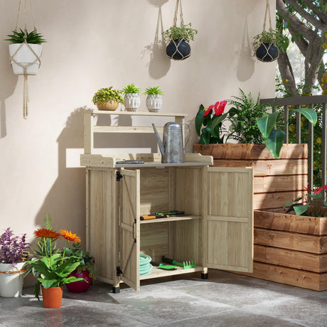 Outsunny Potting Bench, Outdoor Wooden Potting Table with Storage Cabinet with 2 Shelves, Garden Work Bench with Galvanized Plated Tabletop for Backyard, Balcony, Natural Outsunny