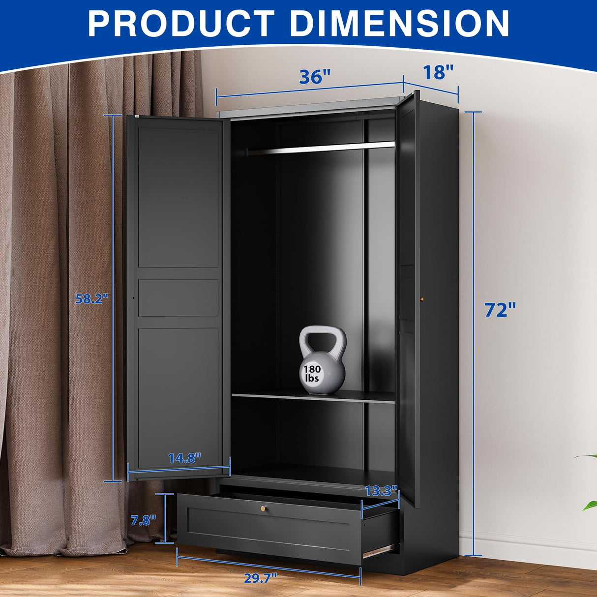 BYNSOE Metal Armoire Wardrobe Closet with 2 Doors 72'' Wardrobe Cabinet with Drawers and Hanging Rail Metal Closet with Adjustable Shelves for Bedroom. (Black, with 1drawer) BYNSOE