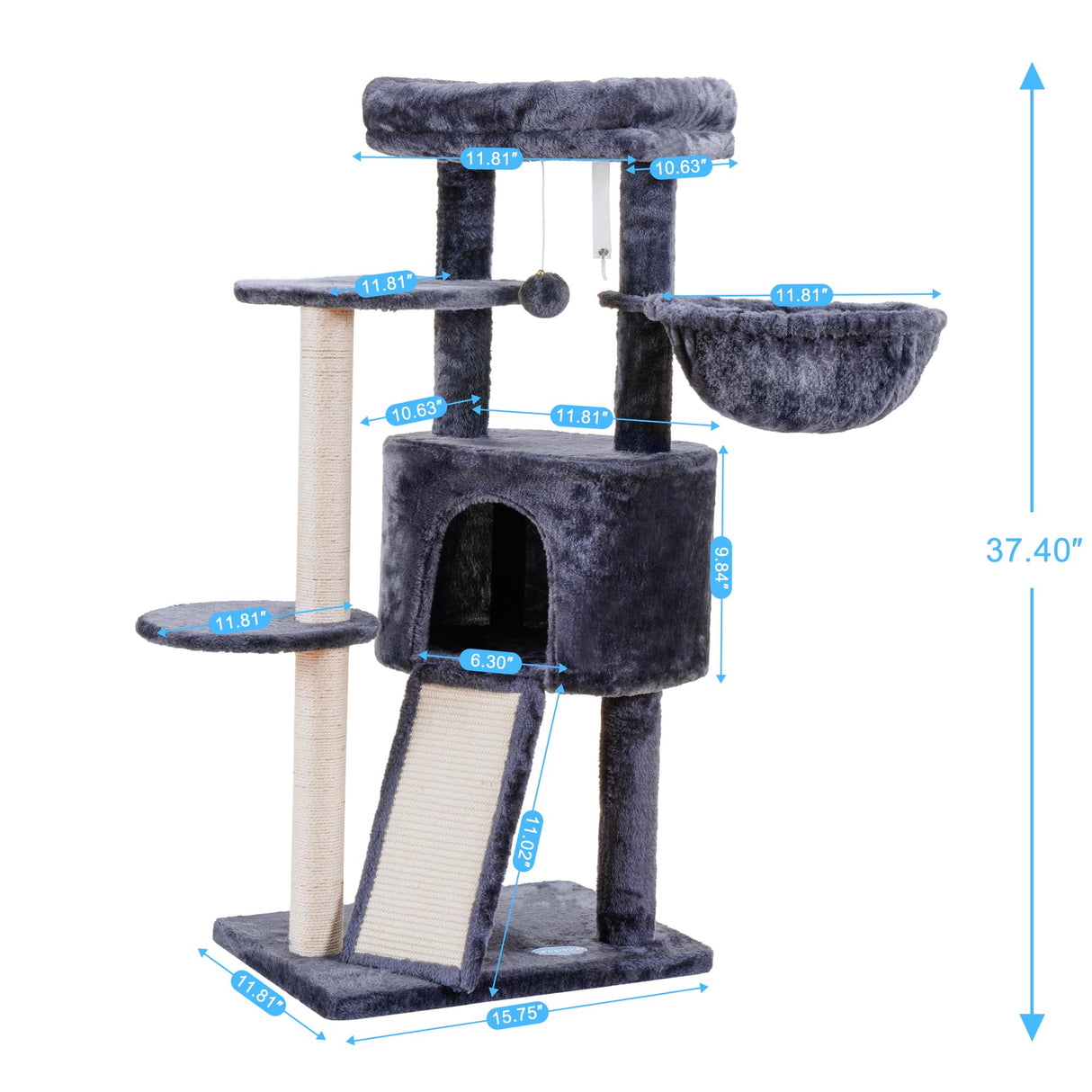 Hey-brother Cat Tree with Scratching Board, Cat Tower with Padded Plush Perch and Cozy Basket, Multi-Platform for Jump, Smoky Gray MPJ005G Hey-brother