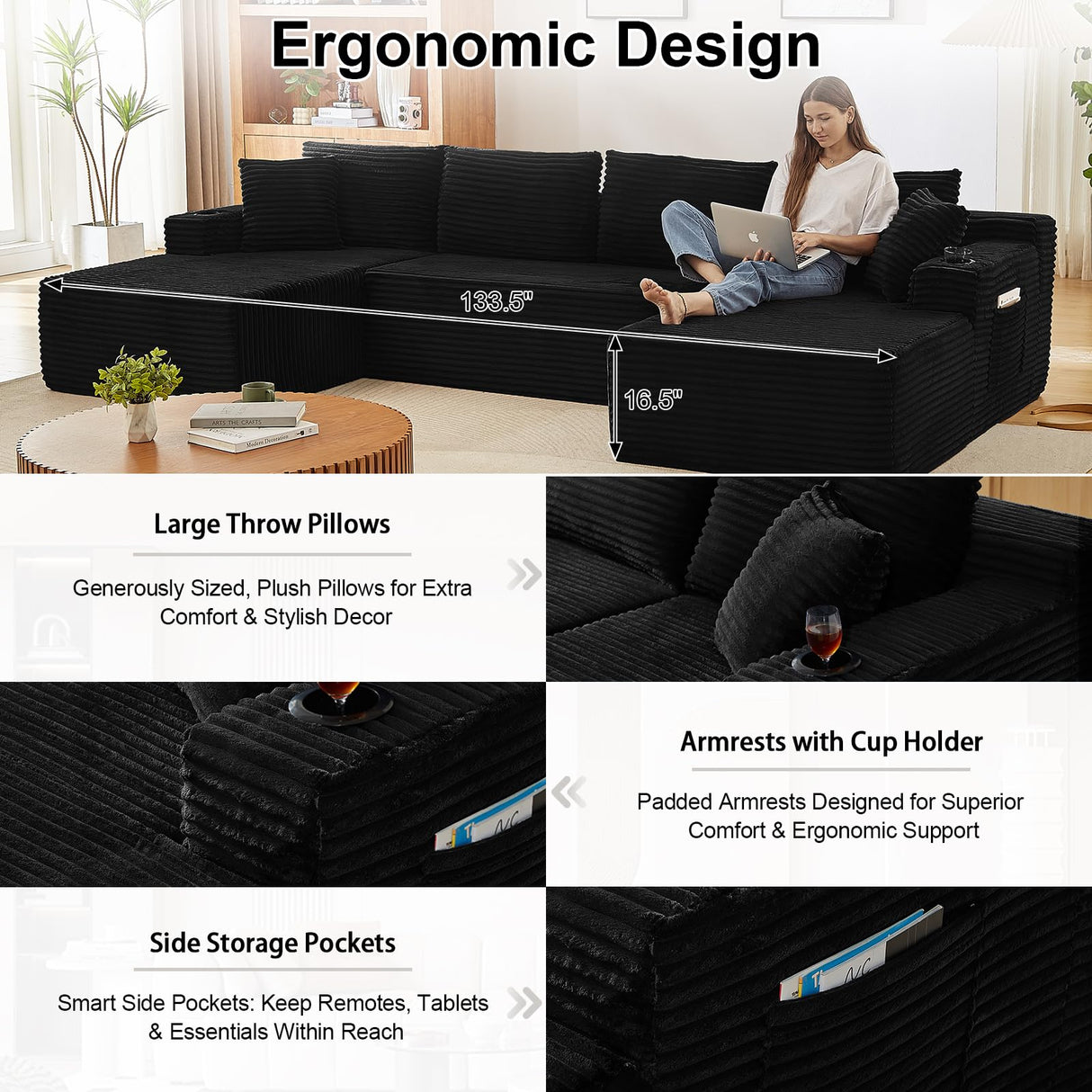 134 Inch U-Shaped Sectional Couch, Oversized Modular Corduroy Sofa with Double Chasies, 4-Seater Modern Deep Seat Boneless Cloud Couch for Living Room, No Assembly Required, Black GUANGHONG
