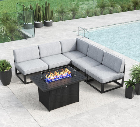 LayinSun Large Aluminum Patio Furniture Set with Fire Pit Table, 6 Pieces Modern Outdoor Conversation Set Sectional Metal Sofa Set with Olefin Cushion LayinSun