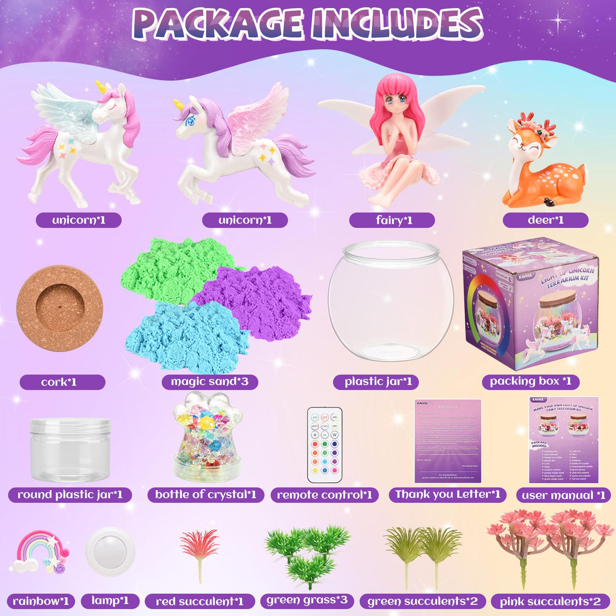 Kaivee 2 Theme in 1 Jar Light Up Unicorn Terrarium Kit & Night Light Fairy Terrarium Kit Creativity DIY Aarts Crafts for Girls Toys Ages 4 5 6 7 8 Year Old Girl Birthday Gifts KAIVEE