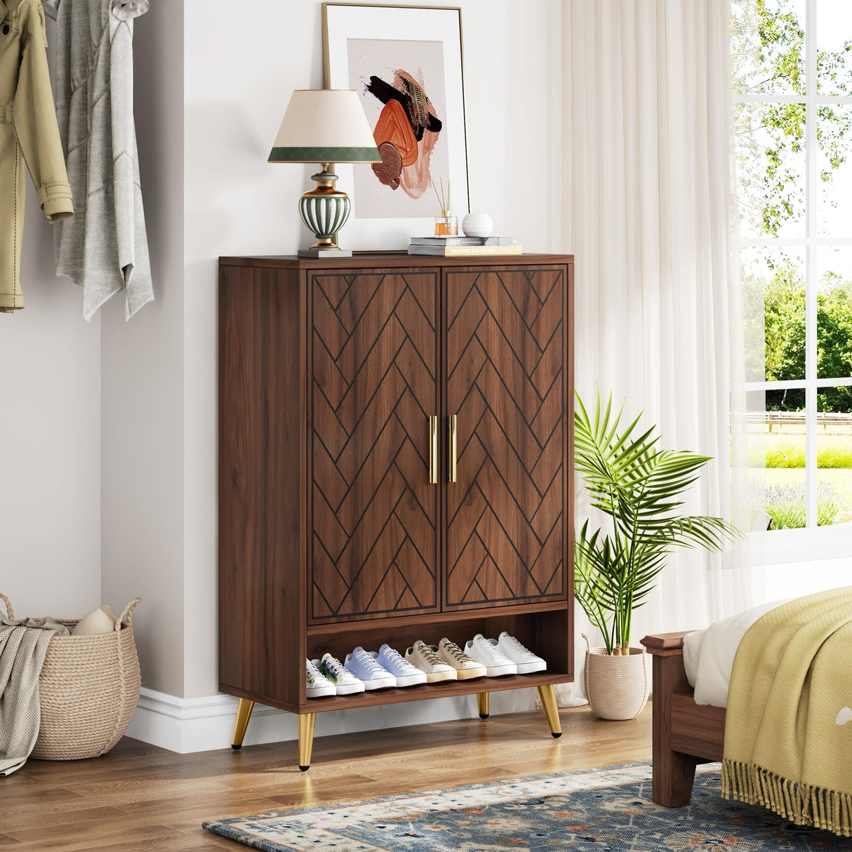 Tribesigns Walnut Shoe Cabinet with Doors, 6-Tier 24 Pairs Shoe Storage Cabinet for Entryway, Wooden Entryway Shoe Cabinet with Adjustable Shelves for Living Room, Bedroom (Walnut, Gold Legs) Tribesigns