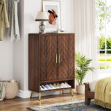 Tribesigns Walnut Shoe Cabinet with Doors, 6-Tier 24 Pairs Shoe Storage Cabinet for Entryway, Wooden Entryway Shoe Cabinet with Adjustable Shelves for Living Room, Bedroom (Walnut, Gold Legs) Tribesigns