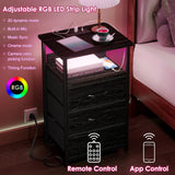 Fixwal Night Stand with Charging Station, LED Nightstand with Fabric Drawers, End Table with PU Finish, Bed Side Table, Black Oak Fixwal