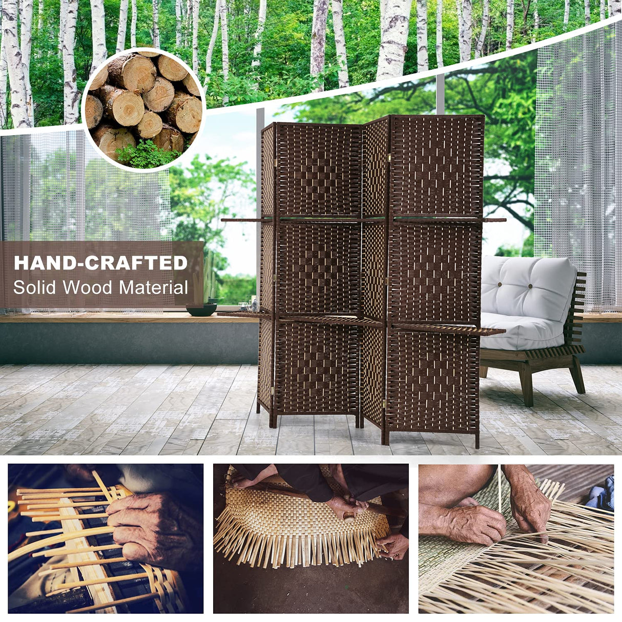 Room Dividers and Folding Privacy Screens 4 Panel 67 Inch Tall Portable Room Seperating Divider w/ 2 Display Shelves Solid Wood Room Partitions and Dividers Freestanding for Home, Office Dkeli