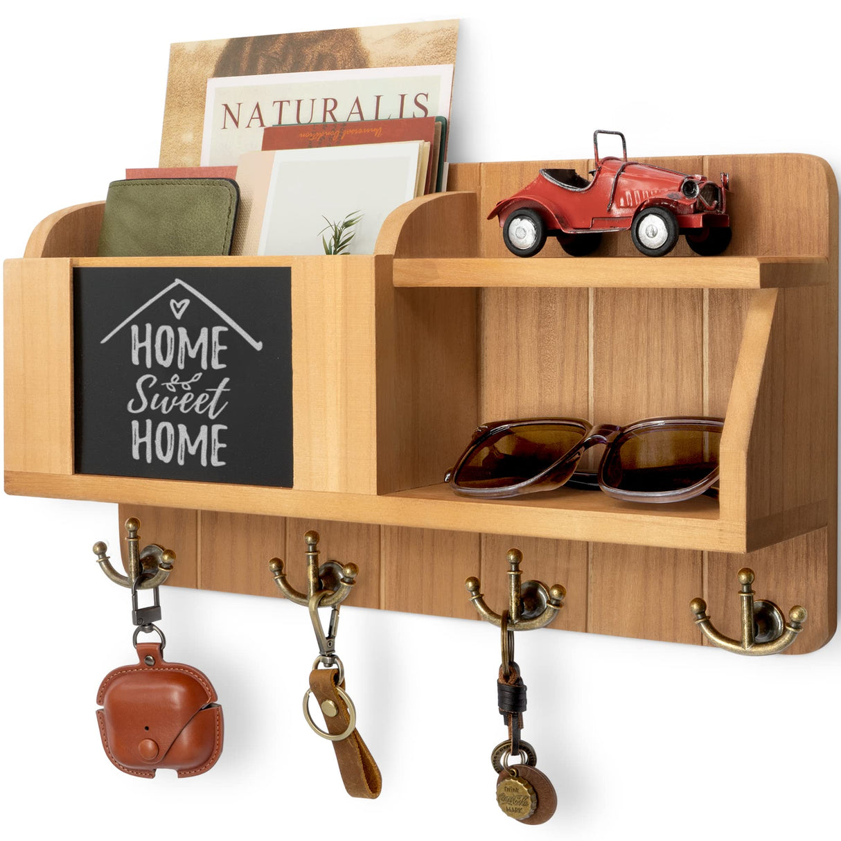 Rebee Vision Farmhouse Key Holder for Wall - Mail Organizer with Chalkboard with 4 Hooks - Rustic Key Hanger for Home Decor Rebee Vision