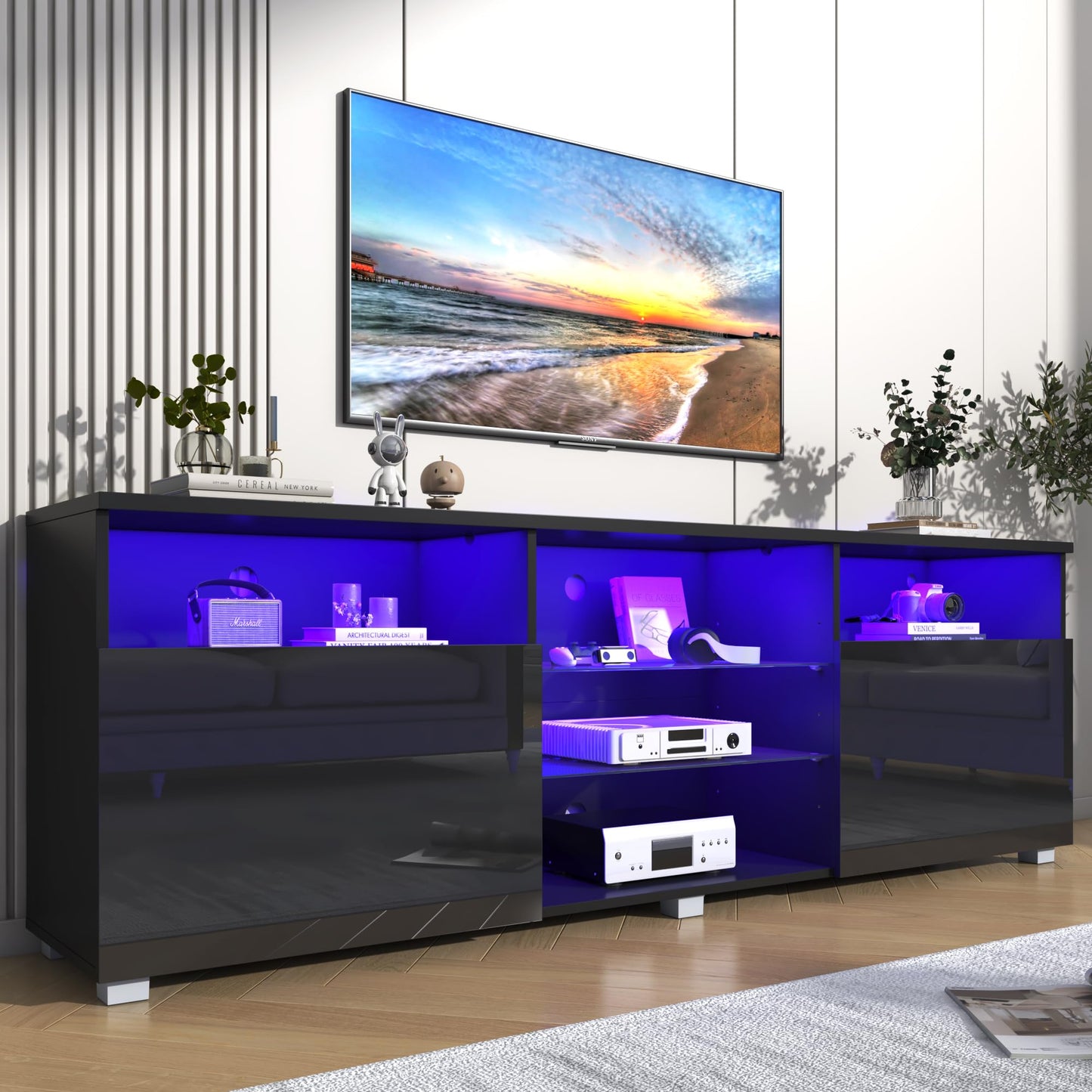 Vinctik 6&Fox Modern LED65inch TV Stand for 65/70/75 inch TV,High Glossy TV Entertainment Center with Storage Drawer,TV Stands for Living Room,APP RGB Light,Smart Modern TV Cabinet(65in Black - WoodArtSupply