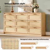 Ieejdn Mid Century Modern Dresser,Rattan 9 Drawers Dresser for Bedroom, 59" Wide Wood Dressers & Chests of Drawers/Curved Profile Design, Natural Texture for Bedroom, Living Room, Warm Wood