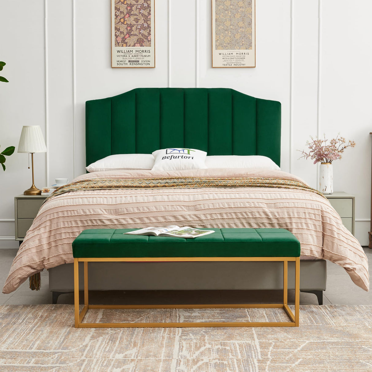 Befurtori Velvet Upholstered Queen/Full Headboard, Tufted Headboard for Queen/Full Bed, Modern Vertical Channel Design with Curved Tufted Solid Wood Befurtori