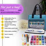 ATTERET Full Range Embroidery and Cross Stitch Starter Kit with Premium Storage Organizer Bag, Includes 99 DMC Coded Cotton Threads, 9 Metallic Floss, 3 Hoops, Needles, Scissors + More (Turquoise) ATTERET