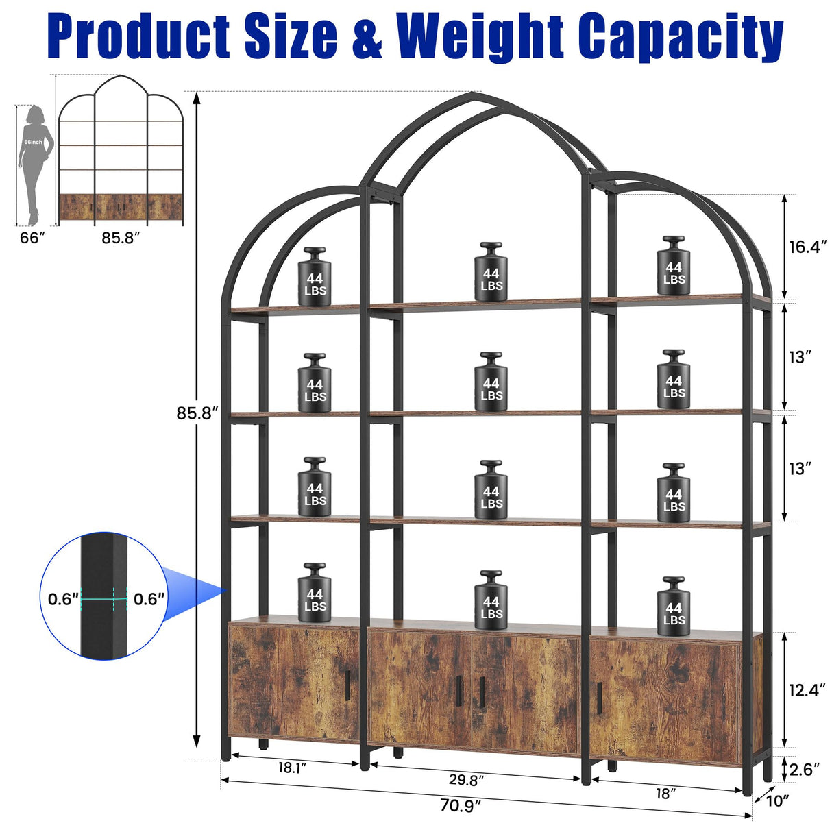 Nosepen Triple Wide 5 Tier Tall Arched Bookshelf and Bookcase with 3 Cabinets, Industrial Metal Etagere Open Bookshelf, Rustic Wood Standing Book Shelf with Black Metal Frame for Bedroom Living Room Nosepen