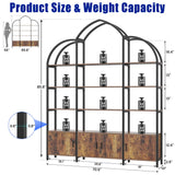 Nosepen Triple Wide 5 Tier Tall Arched Bookshelf and Bookcase with 3 Cabinets, Industrial Metal Etagere Open Bookshelf, Rustic Wood Standing Book Shelf with Black Metal Frame for Bedroom Living Room Nosepen