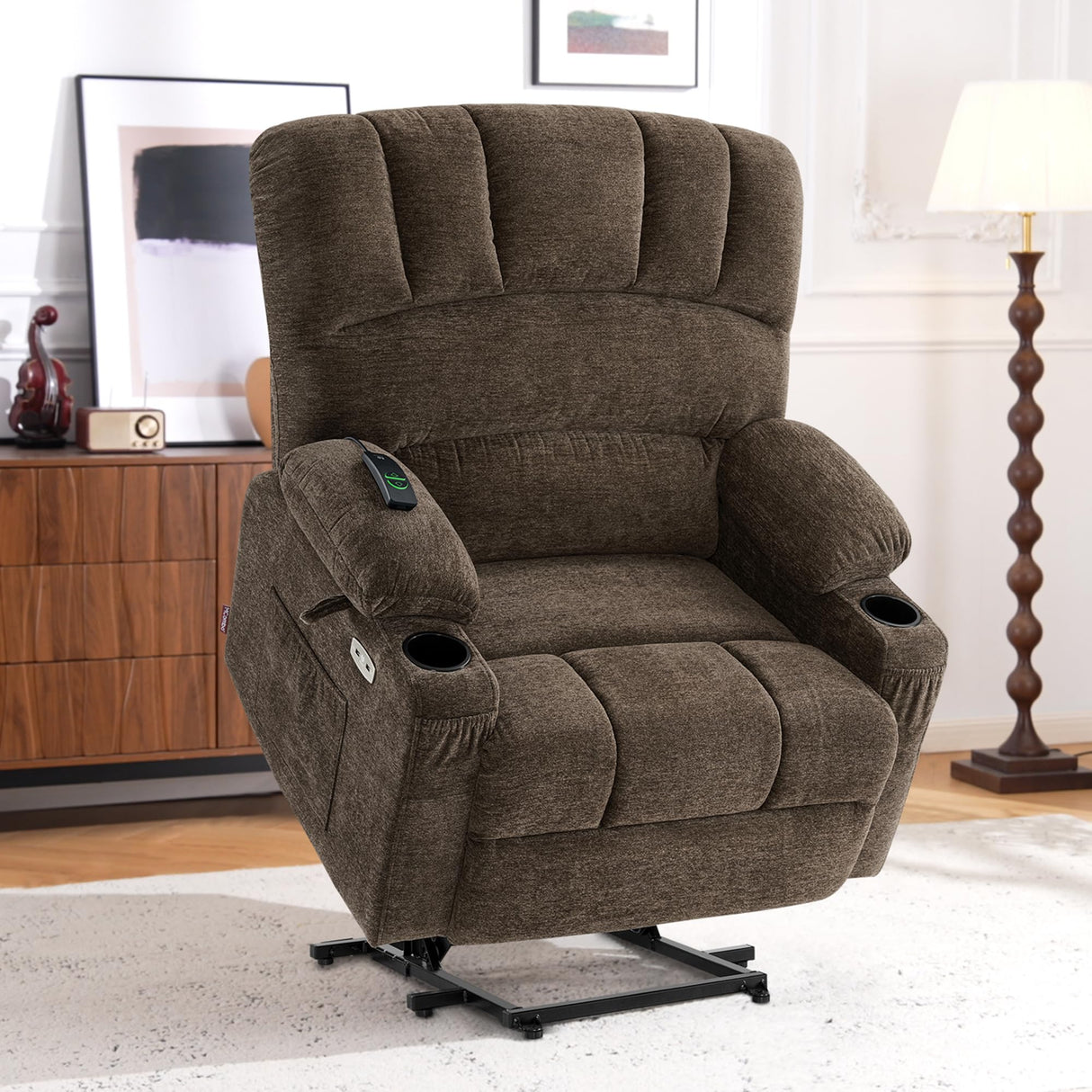 MCombo Large Power Lift Recliner Chair Sofa with Massage and Heat for Big Elderly People, USB Ports, Side Pockets, Fabric R7092 (Coffee, Large-Wide) MCombo