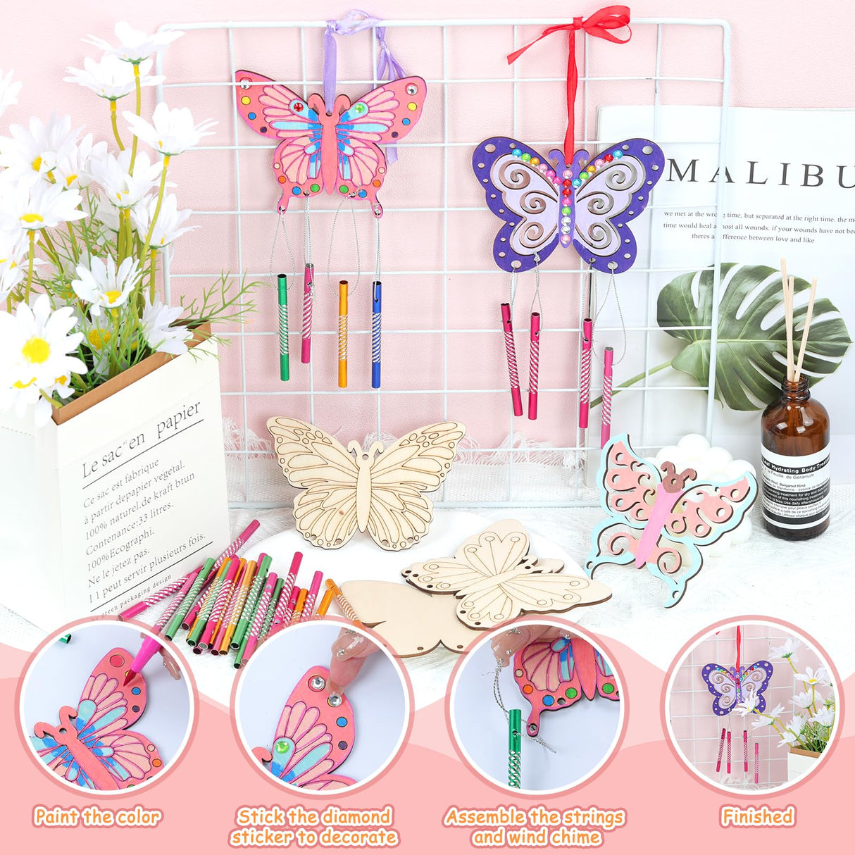 TREACLUB 10 Pack Butterfly Wind Chime Kit for Kids Make Your Own Butterfly Wind Chime Wooden Crafts DIY Make a Wind Chime Kit DIY Coloring Butterfly Ornaments for Girls Boys TREACLUB