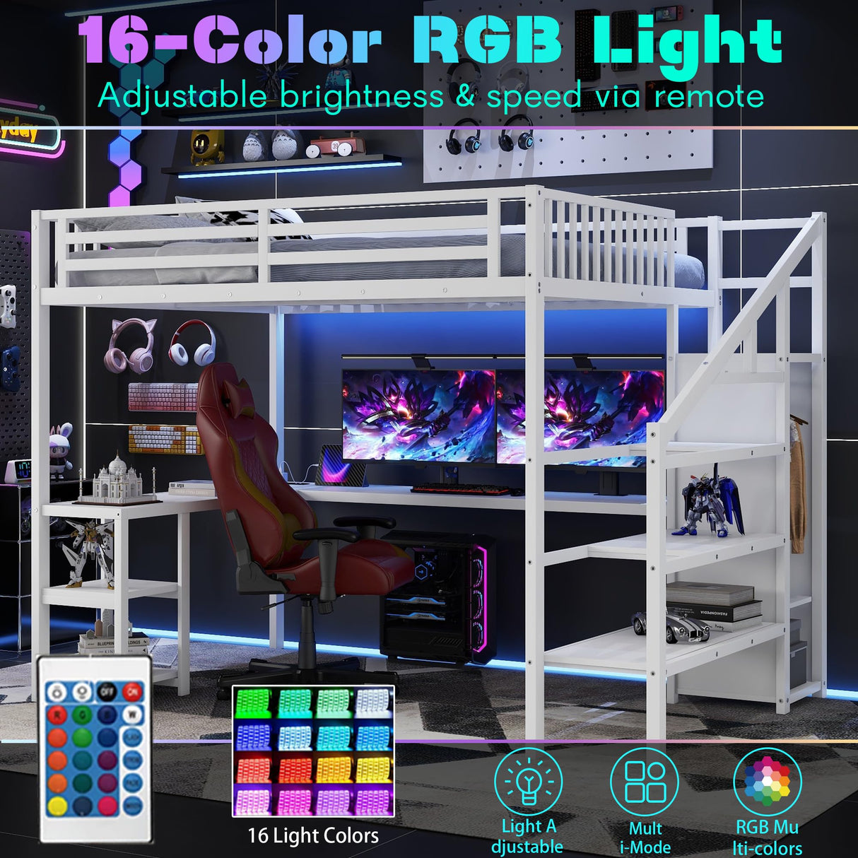 Queen Size Loft Bed with Desk and Stairs, Gaming Loft Bed with RGB LED Light and Storage, Heavy-Duty Metal Loft Beds Frame with Wardrobe, Shelves and Charging Station for Adults Kids Teens, White Mirightone