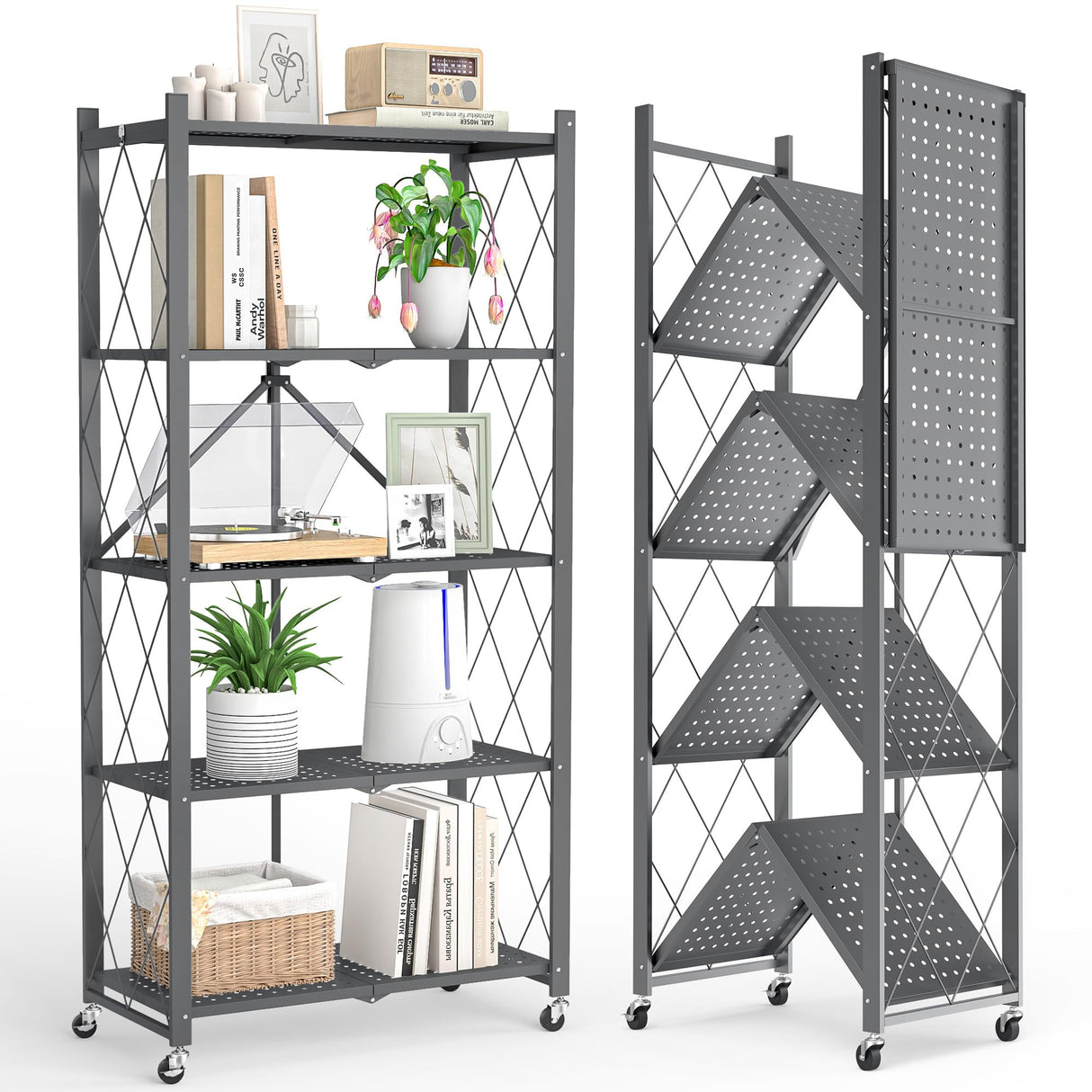 LUCKPRO 5-Tier Folding Metal Storage Rack - 63" Heavy-Duty Steel Frame with Wheels, No Assembly Utility Organizer, Rolling Shelving Unit for Kitchen, Garage, Pantry, Bedroom (Gray, 5 Tier) LUCKPRO