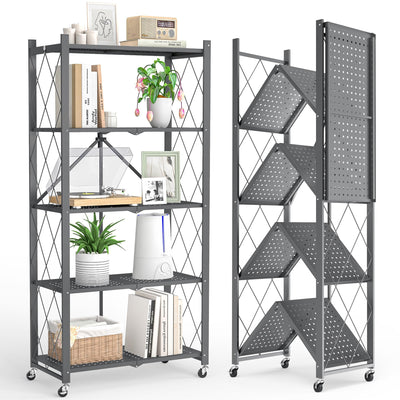LUCKPRO 5-Tier Folding Metal Storage Rack - 63" Heavy-Duty Steel Frame with Wheels, No Assembly Utility Organizer, Rolling Shelving Unit for Kitchen, Garage, Pantry, Bedroom (Gray, 5 Tier)