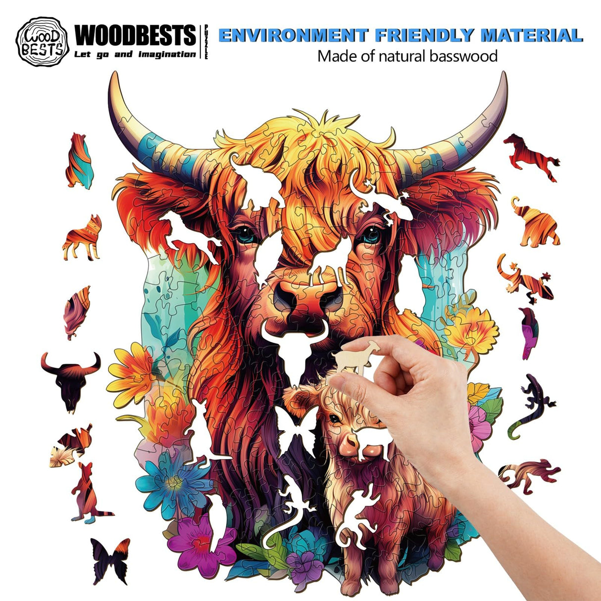 WOODBESTS Wooden Puzzle for Adults, Highland Cattle Family Puzzle (M, 170pcs, 9.2"x11.4") Beautiful Wooden Box, Wooden Jigsaw Puzzles Unique Shape, Birthday Gifts for Adults and Kids Family Game WOODBESTS