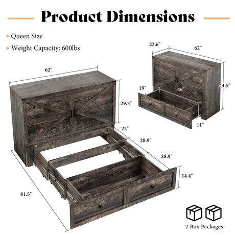AMERLIFE Queen Murphy Bed Cabinet with Charging Station and Storage, Farmhouse Foldable Platform Bed for Guest Room, Office, Small Spaces, Black Oak AMERLIFE